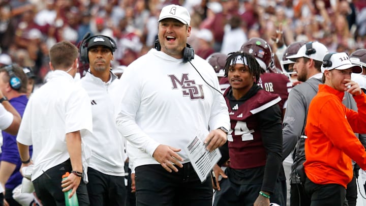 Oct 25, 2025; Starkville, Mississippi, USA; Mississippi State Bulldogs head coach Jeff Lebby reacts during the second quarter against the Texas Longhorns at Davis Wade Stadium at Scott Field. Mandatory Credit: Petre Thomas-Imagn Images