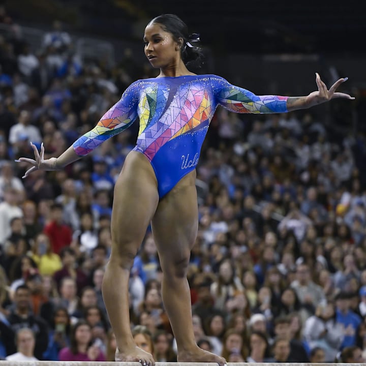 UCLA gymnast Jordan Chiles performs during a meet against Penn State at Pauley Pavilion,