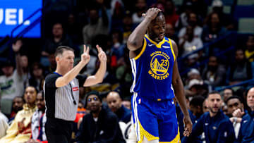 Mar 28, 2025; New Orleans, Louisiana, USA;  Golden State Warriors forward Draymond Green (23) reacts to having his sixth foul against the New Orleans Pelicans during the second half at Smoothie King Center. Mandatory Credit: Stephen Lew-Imagn Images