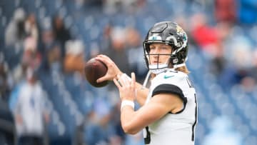 Jacksonville Jaguars quarterback Trevor Lawrence throws during pregame warmups against the Tennessee Titans