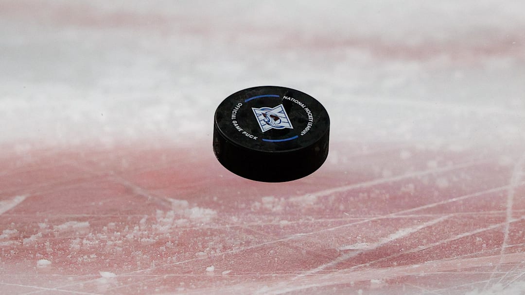Feb 26, 2026; Denver, Colorado, USA; A detail view of the puck in the first period between the Colorado Avalanche and the Minnesota Wild at Ball Arena. Mandatory Credit: Isaiah J. Downing-Imagn Images