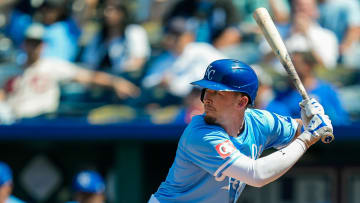 Jun 13, 2024; Kansas City, Missouri, USA; Kansas City Royals right fielder Drew Waters (6) bats during the ninth inning against the New York Yankees at Kauffman Stadium. Mandatory Credit: Jay Biggerstaff-USA TODAY Sports