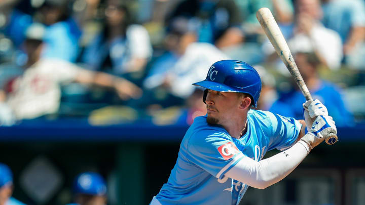 Jun 13, 2024; Kansas City, Missouri, USA; Kansas City Royals right fielder Drew Waters (6) bats during the ninth inning against the New York Yankees at Kauffman Stadium. Mandatory Credit: Jay Biggerstaff-USA TODAY Sports