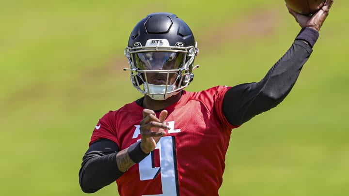 May 10, 2024; Flowery Branch, GA, USA; Atlanta Falcons quarterback Michael Penix Jr (9) passes the ball during Rookie Minicamp at the Falcons Training Camp.   Mandatory Credit: Dale Zanine-USA TODAY Sports