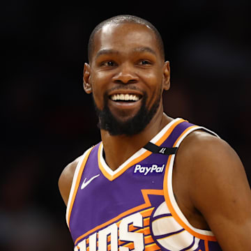 Mar 24, 2025; Phoenix, Arizona, USA; Phoenix Suns forward Kevin Durant (35) reacts against the Milwaukee Bucks at Footprint Center. Mandatory Credit: Mark J. Rebilas-Imagn Images