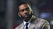 Dec 13, 2021; Glendale, Arizona, USA; ESPN analyst Randy Moss prior to the Arizona Cardinals game against the Los Angeles Rams at State Farm Stadium. Mandatory Credit: Mark J. Rebilas-Imagn Images