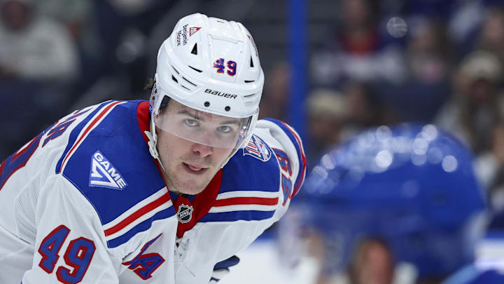 Apr 15, 2026; Tampa, Florida, USA; New York Rangers right wing Jaroslav Chmelar (49) looks on against the Tampa Bay Lightning in the second period at Benchmark International Arena. 