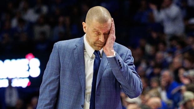 Kentucky Wildcats coach Mark Pope reacts during a home loss to the Alabama Crimson Tide at Rupp Arena on Jan. 18. Pope is 3-3