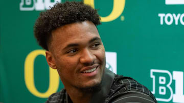 Oregon tight end Kenyon Sadiq talks with reporters during Oregon football’s Media Day on July 28, 2025, at Autzen Stadium in Eugene.