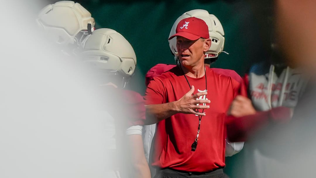April 7, 2026; Tuscaloosa, AL, USA; Head coach Kalen Deboer directs players during Spring Practice at the University of Alabama.