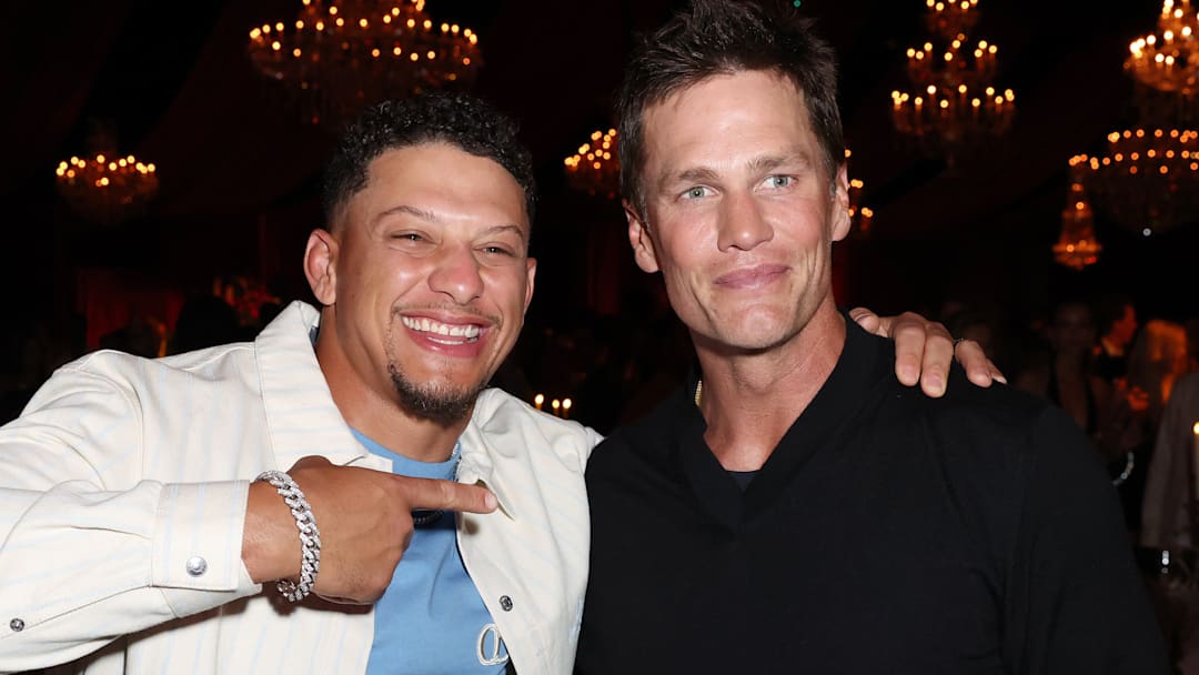 (L-R) Patrick Mahomes and Tom Brady attend Amex x CARBONE BEACH 2025 on May 02, 2025 in Miami Beach, Florida. 