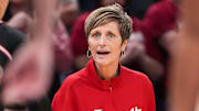 Indiana Hoosiers head coach Teri Moren yells to players on the court Thursday, March 6, 2025, during the Big Ten women's tournament at Gainbridge Fieldhouse in Indianapolis. Indiana Hoosiers defeated the Oregon Ducks, 78-62.