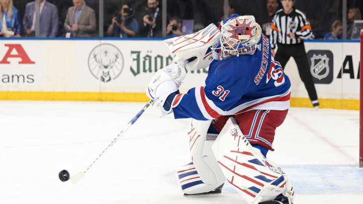 May 24, 2024; New York, New York, USA; New York Rangers goaltender Igor Shesterkin (31) plays the puck during the first period in game two of the Eastern Conference Final of the 2024 Stanley Cup Playoffs against the Florida Panthers at Madison Square Garden. Mandatory Credit: Vincent Carchietta-USA TODAY Sports