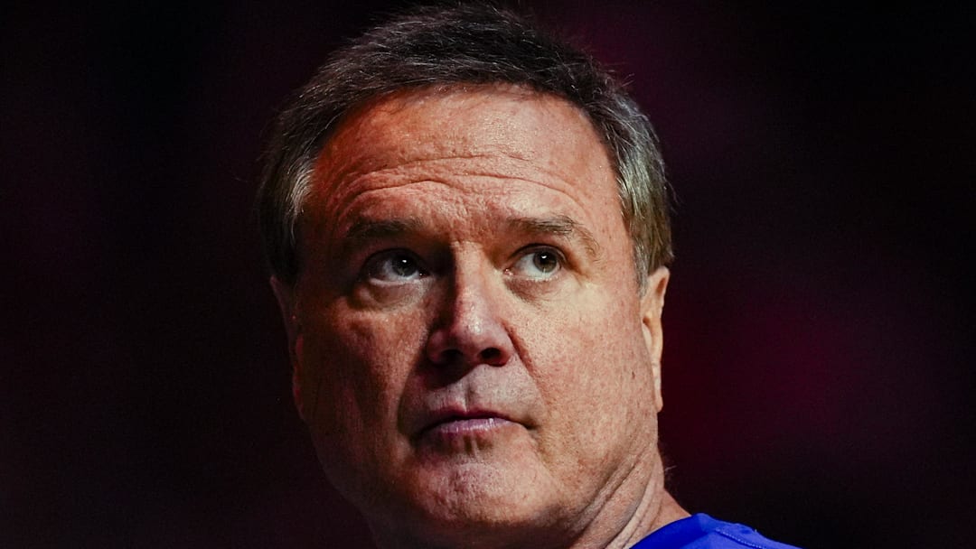 Dec 8, 2024; Columbia, Missouri, USA; Kansas Jayhawks head coach Bill Self reacts during the second half against the Missouri Tigers at Mizzou Arena. Mandatory Credit: Jay Biggerstaff-Imagn Images
