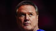 Dec 8, 2024; Columbia, Missouri, USA; Kansas Jayhawks head coach Bill Self reacts during the second half against the Missouri Tigers at Mizzou Arena. Mandatory Credit: Jay Biggerstaff-Imagn Images
