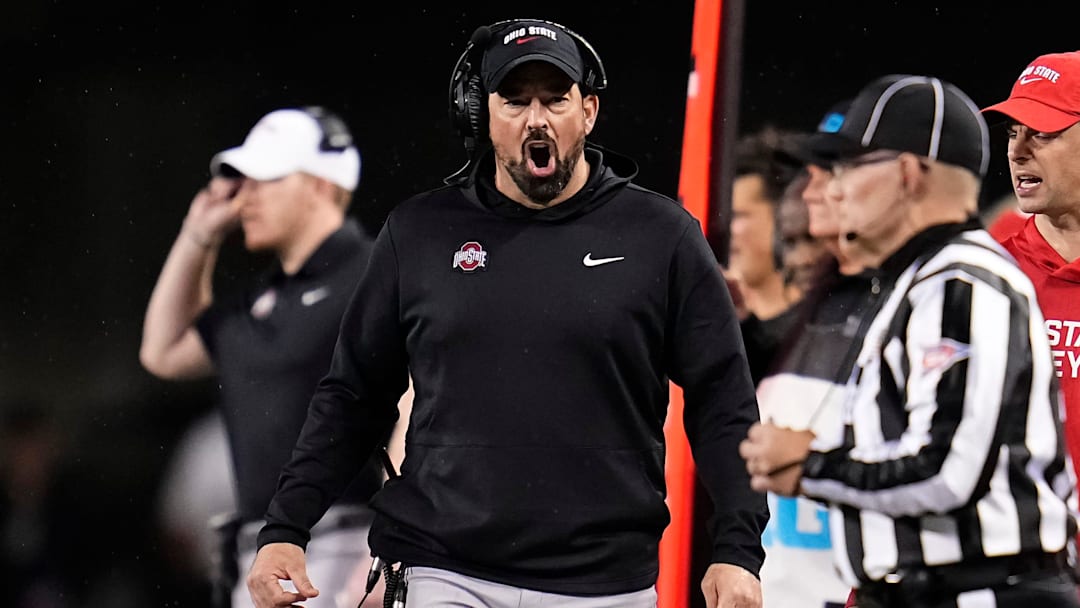 Ohio State Buckeyes head coach Ryan Day yells during the NCAA football game against the UCLA Bruins at Ohio Stadium in Columbus on Nov. 15, 2025.