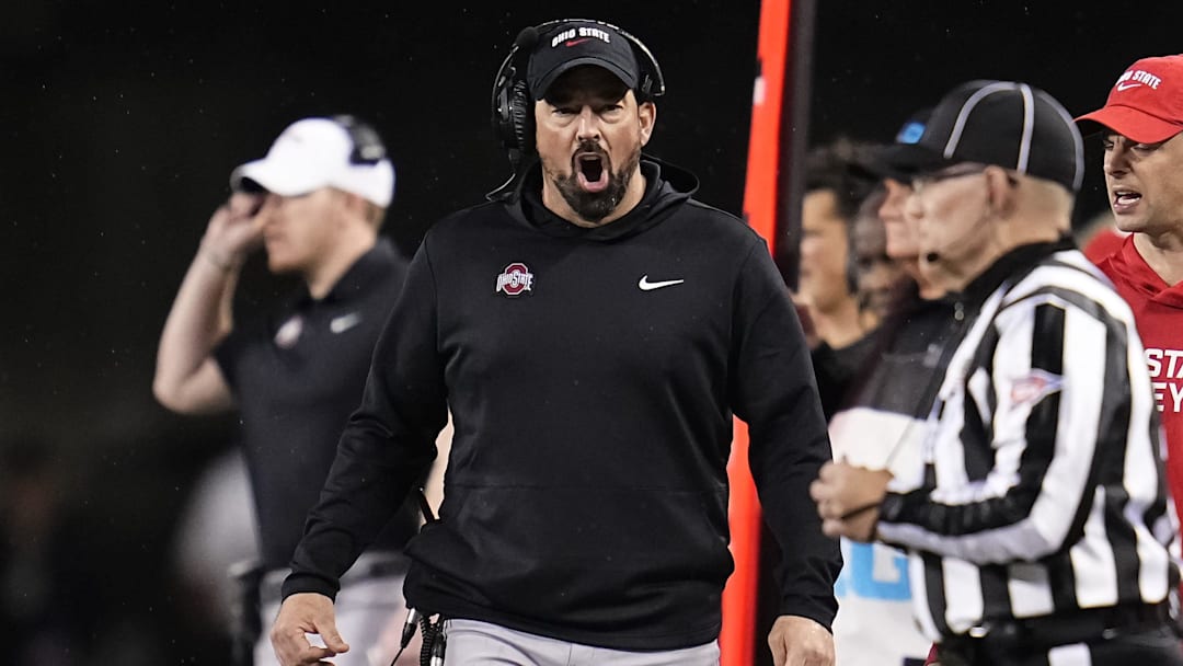 Ohio State Buckeyes head coach Ryan Day yells during the NCAA football game against the UCLA Bruins at Ohio Stadium in Columbus on Nov. 15, 2025.
