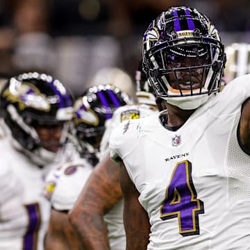 Nov 7, 2022; New Orleans, Louisiana, USA;  Baltimore Ravens linebacker Jason Pierre-Paul (4) signals a 4th down stop against the New Orleans Saints during the first half at Caesars Superdome. Mandatory Credit: Stephen Lew-Imagn Images