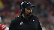 Dec 6, 2025; Indianapolis, IN, USA; Ohio State Buckeyes head coach Ryan Day looks on in the first quarter against the Indiana Hoosiers during the 2025 Big Ten championship game at Lucas Oil Stadium. Mandatory Credit: Trevor Ruszkowski-Imagn Images