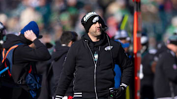 Jan 5, 2025; Philadelphia, Pennsylvania, USA; nick sirianni looks on during the first quarter against the New York Giants at Lincoln Financial Field. Mandatory Credit: Bill Streicher-Imagn Images