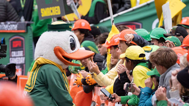 The Duck interacts with fans during ESPN’s “College GameDay” on the campus of the University of Oregon on Oct. 11, 2025, in E