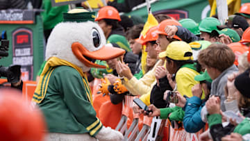The Duck interacts with fans during ESPN’s “College GameDay” on the campus of the University of Oregon on Oct. 11, 2025, in Eugene, Oregon.