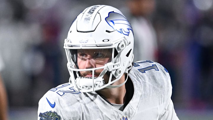 Oct 5, 2025; Orchard Park, New York, USA; Buffalo Bills quarterback Josh Allen (17) warms up before a game against the New England Patriots at Highmark Stadium. Mandatory Credit: Mark Konezny-Imagn Images