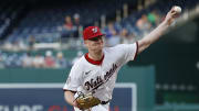 Aug 20, 2024; Washington, District of Columbia, USA; Washington Nationals starting pitcher DJ Herz (74) pitches against the Colorado Rockies during the first inning at Nationals Park. 