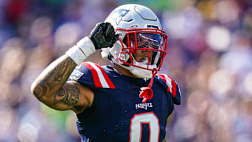 Sep 15, 2024; Foxborough, Massachusetts, USA; New England Patriots cornerback Christian Gonzalez (0) reacts after a play against the Seattle Seahawks in the second half at Gillette Stadium. Mandatory Credit: David Butler II-Imagn Images