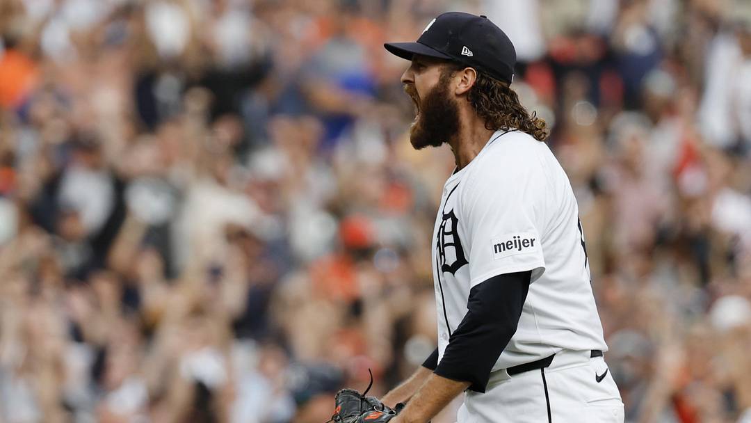 Sep 26, 2024; Detroit, Michigan, USA;  Detroit Tigers relief pitcher Jason Foley (68) celebrates after defeating the Tampa Bay Rays at Comerica Park. Mandatory Credit: Rick Osentoski-Imagn Images