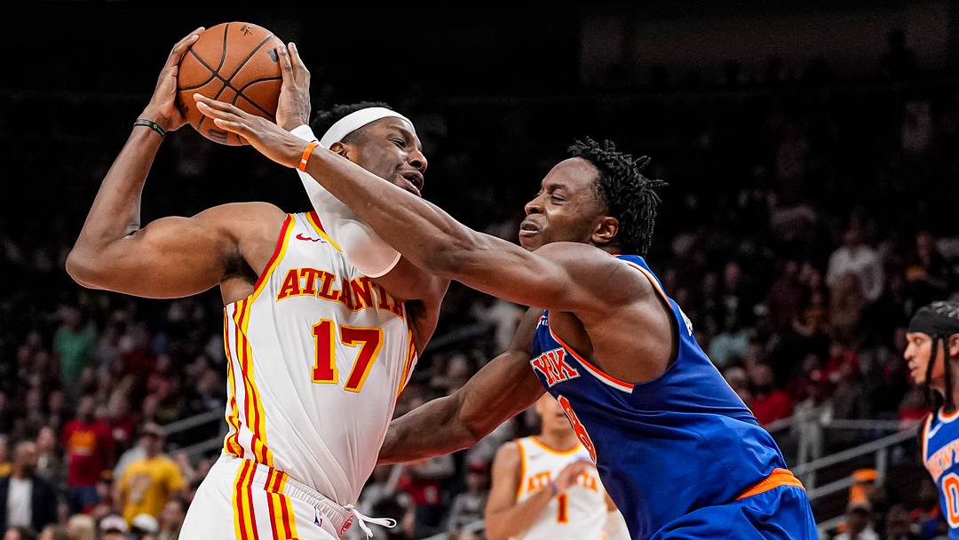 Apr 25, 2026; Atlanta, Georgia, USA; Atlanta Hawks forward Onyeka Okongwu (17) is defended by New York Knicks forward Og Anunoby (8) during the second half during game four of the first round of the 2026 NBA Playoffs at State Farm Arena. Mandatory Credit: Dale Zanine-Imagn Images