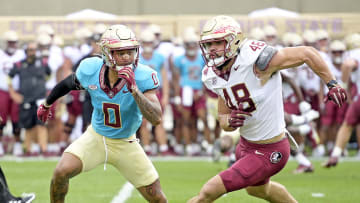 Apr 20, 2024; Tallahassee, Florida, USA; Florida State Seminoles defensive back Earl Little Jr (0) defends tight end Jackson West (48) during the Spring Showcase at Doak S. Campbell Stadium. Mandatory Credit: Melina Myers-USA TODAY Sports