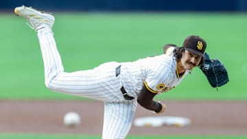 Sep 13, 2025; San Diego, California, USA; San Diego Padres starting pitcher Dylan Cease (84) throws a pitch during the first inning against the Colorado Rockies at Petco Park. Mandatory Credit: David Frerker-Imagn Images