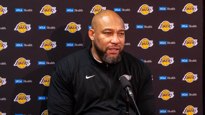 Apr 14, 2024; New Orleans, Louisiana, USA; Los Angeles Lakers head coach Darvin Ham talks to the