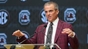 Jul 14, 2025; Atlanta, GA, USA; South Carolina Gamecocks head coach Shane Beamer talks to the media during SEC Media Day at Omni Atlanta Hotel. Mandatory Credit: Jordan Godfree-Imagn Images