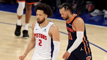 Apr 21, 2025; New York, New York, USA; Detroit Pistons guard Cade Cunningham (2) and New York Knicks guard Jalen Brunson (11) reacts after game two of the first round of the 2024 NBA Playoffs at Madison Square Garden. Mandatory Credit: Brad Penner-Imagn Images
