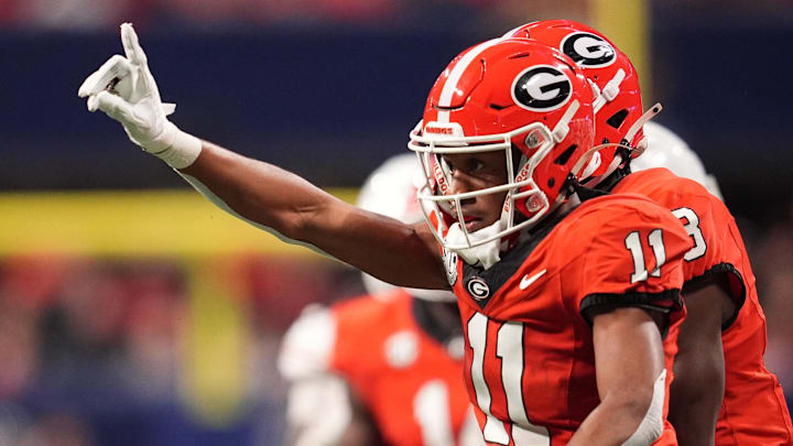 Dec 7, 2024; Atlanta, GA, USA; Georgia Bulldogs linebacker Jalon Walker (11) reacts against the Texas Longhorns during the first half in the 2024 SEC Championship game at Mercedes-Benz Stadium. Mandatory Credit: Dale Zanine-Imagn Images