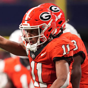 Dec 7, 2024; Atlanta, GA, USA; Georgia Bulldogs linebacker Jalon Walker (11) reacts against the Texas Longhorns during the first half in the 2024 SEC Championship game at Mercedes-Benz Stadium. Mandatory Credit: Dale Zanine-Imagn Images