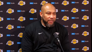 Apr 14, 2024; New Orleans, Louisiana, USA; Los Angeles Lakers head coach Darvin Ham talks to the