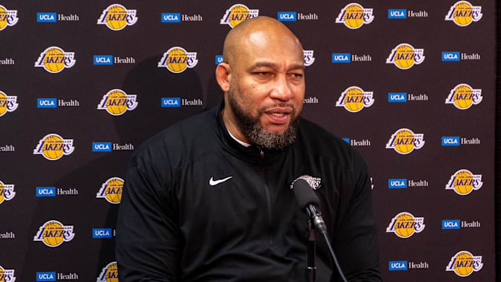 Apr 14, 2024; New Orleans, Louisiana, USA; Los Angeles Lakers head coach Darvin Ham talks to the Apr 14, 2024; New Orleans, Louisiana, USA; Los Angeles Lakers head coach Darvin Ham talks to the