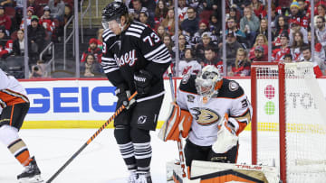 New Jersey Devils right wing Tyler Toffoli (73) and Anaheim Ducks goalie John Gibson