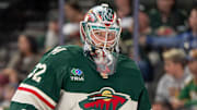 Oct 1, 2024; Saint Paul, Minnesota, USA; Minnesota Wild goaltender Filip Gustavsson (32) during a break in the action against the Chicago Blackhawks in the first period at Xcel Energy Center. Mandatory Credit: Matt Blewett-Imagn Images