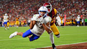 San Jose State Spartans wide receiver Nick Nash (3) catches a touchdown pass in front of Southern California Trojans cornerback Ceyair Wright (22) during the second half at Los Angeles Memorial Coliseum. 