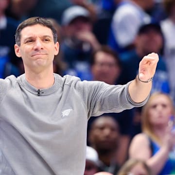 May 11, 2024; Dallas, Texas, USA; Oklahoma City Thunder head coach Mark Daigneault  reacts during the second half against the Dallas Mavericks during game three of the second round for the 2024 NBA playoffs at American Airlines Center. Mandatory Credit: Kevin Jairaj-Imagn Imagesd