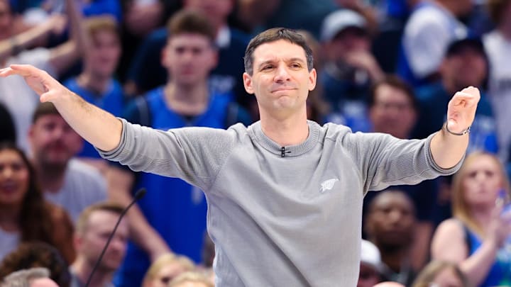 May 11, 2024; Dallas, Texas, USA; Oklahoma City Thunder head coach Mark Daigneault  reacts during the second half against the Dallas Mavericks during game three of the second round for the 2024 NBA playoffs at American Airlines Center. Mandatory Credit: Kevin Jairaj-Imagn Imagesd