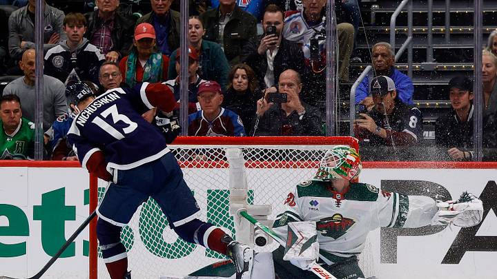 Mar 8, 2026; Denver, Colorado, USA; Colorado Avalanche right wing Valeri Nichushkin (13) scores a shoutout goal against Minnesota Wild goaltender Jesper Wallstedt (30) at Ball Arena. Mandatory Credit: Isaiah J. Downing-Imagn Images