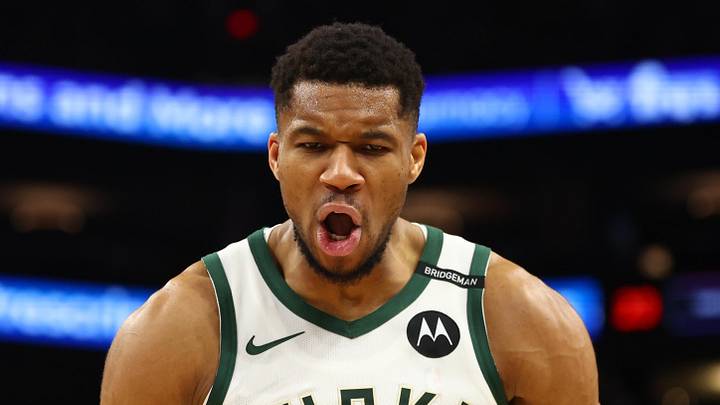 Mar 24, 2025; Phoenix, Arizona, USA; Milwaukee Bucks forward Giannis Antetokounmpo (34) celebrates a play against the Phoenix Suns at Footprint Center. Mandatory Credit: Mark J. Rebilas-Imagn Images