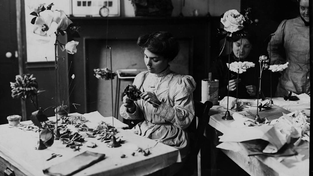 Women at work creating artificial flowers, early 20th century.