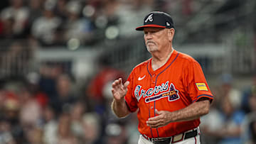 May 30, 2025; Cumberland, Georgia, USA; Atlanta Braves manager Brian Snitker (43) walks on the field to change pitchers against the Boston Red Sox during the seventh inning at Truist Park. Mandatory Credit: Dale Zanine-Imagn Images