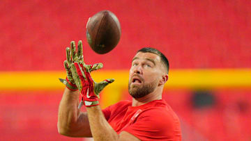 Oct 27, 2025; Kansas City, Missouri, USA; Kansas City Chiefs tight end Travis Kelce (87) warms up prior to the game against the Washington Commanders at GEHA Field at Arrowhead Stadium. Mandatory Credit: Jay Biggerstaff-Imagn Images